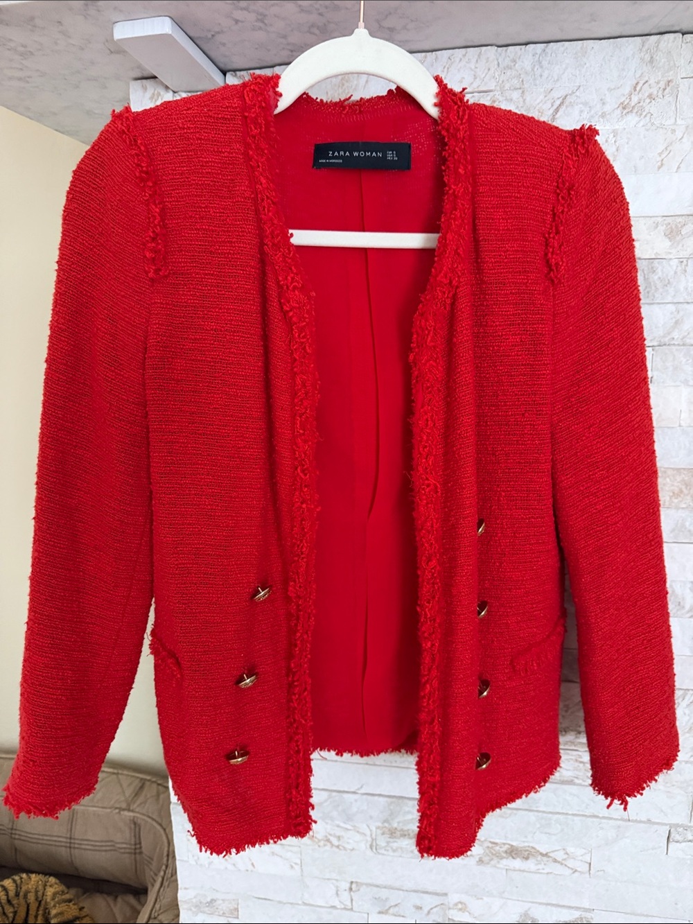 Zara Red Fringe-Trim Tweed Blazer with Gold Buttons